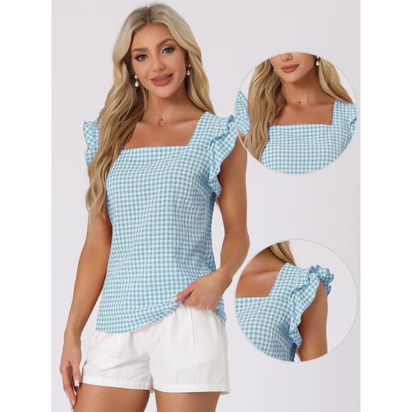 Summer Gingham Tops Square Neck Ruffle Cap Sleeve Blouses Lake Blue - Picture 2 of 6